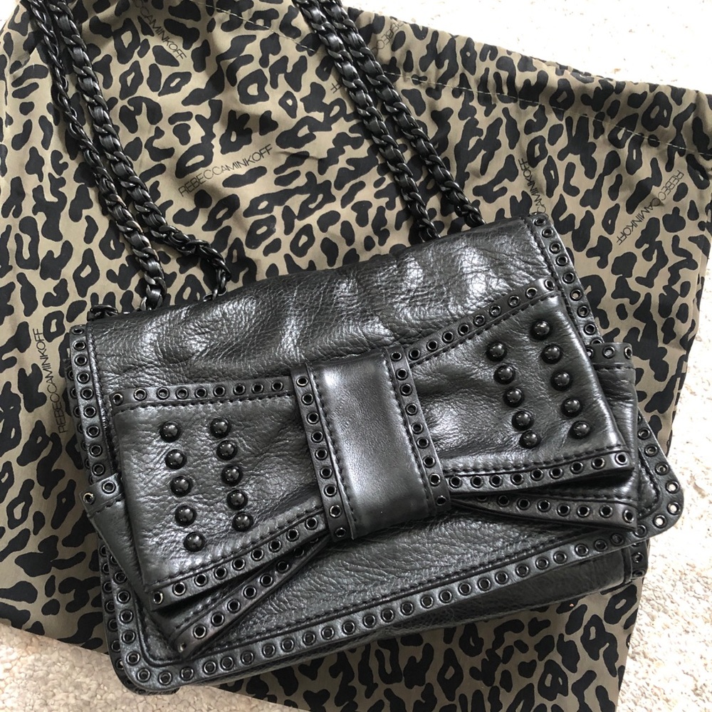 Rebecca Minkoff Sweetie bag. Black leather bow bag with grommets studs
